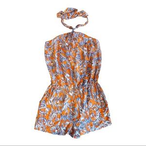 Halter Style Romper Womens XXS BCBGMAXAZRIA Orange Blue Print Neck Tie Keyhole